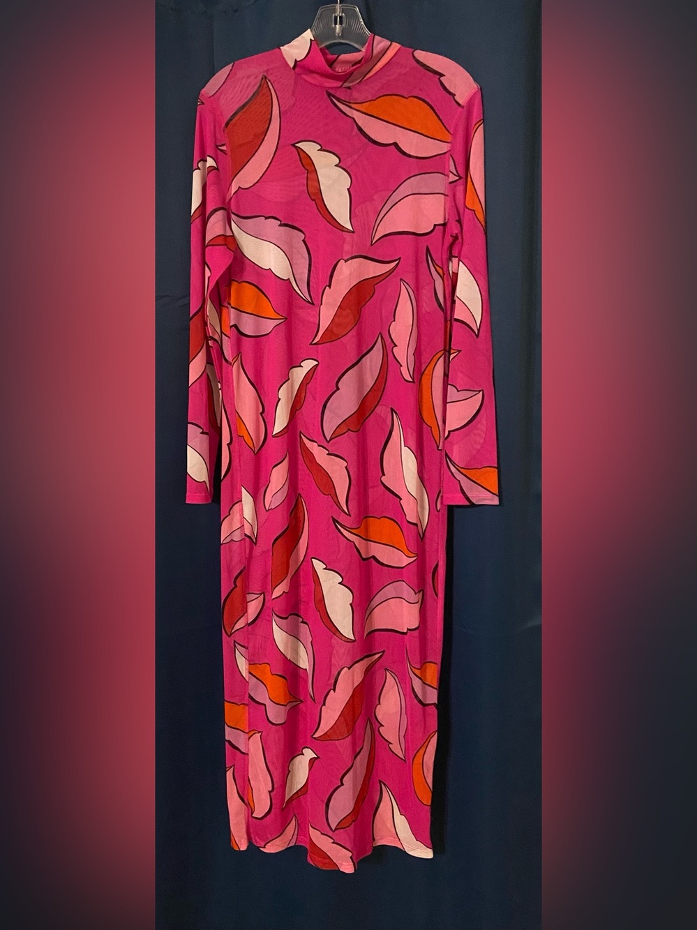 Hot Pink Maxi Dress with Multi Shades of Pink Leaves